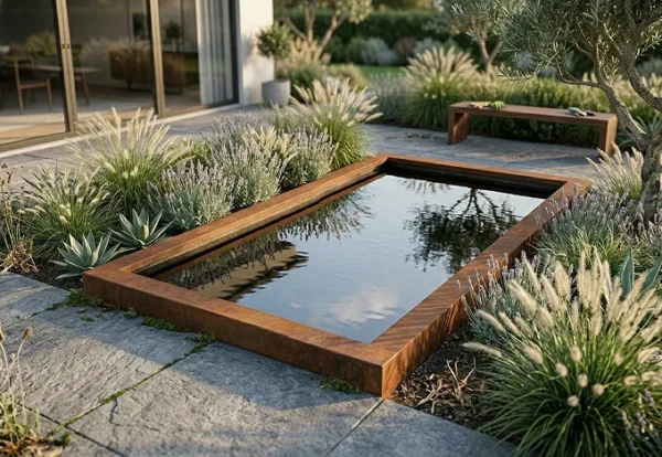 Spejlbassin i 5mm Corten stål med kant 120 x 60 x 10