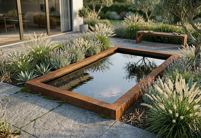 Spejlbassin i 5mm Corten stål med kant 120 x 60 x 10